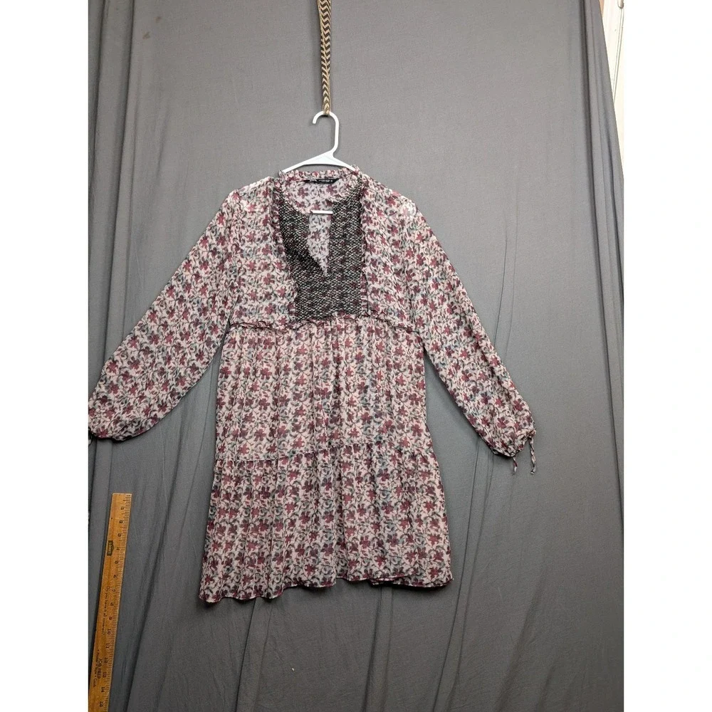 Zara Boho Printed Mini Dress Black Lace Bib Long Sleeve Pink/Burgundy Size Small